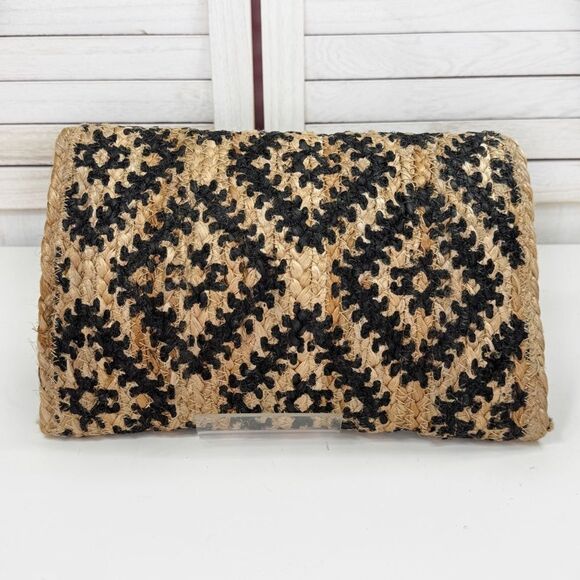 America & Beyond Printed Woven Jute Boho Envelope Clutch Bag Tan Black - Picture 4 of 12